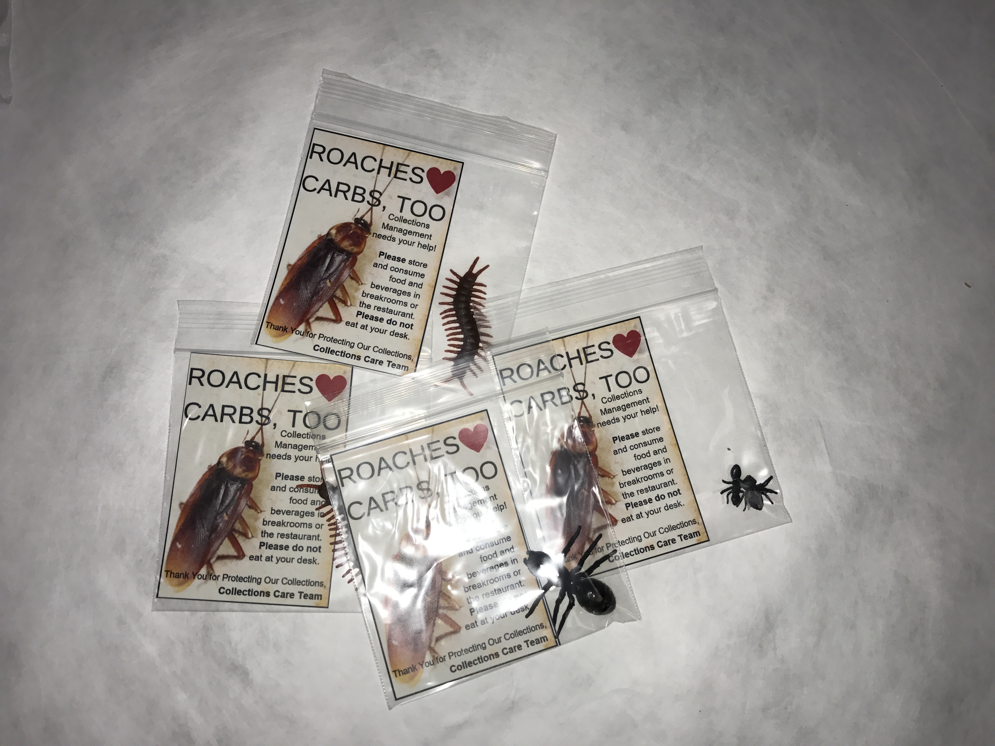 Plastic bags containing plastic bugs and a note titled roaches love carbs too